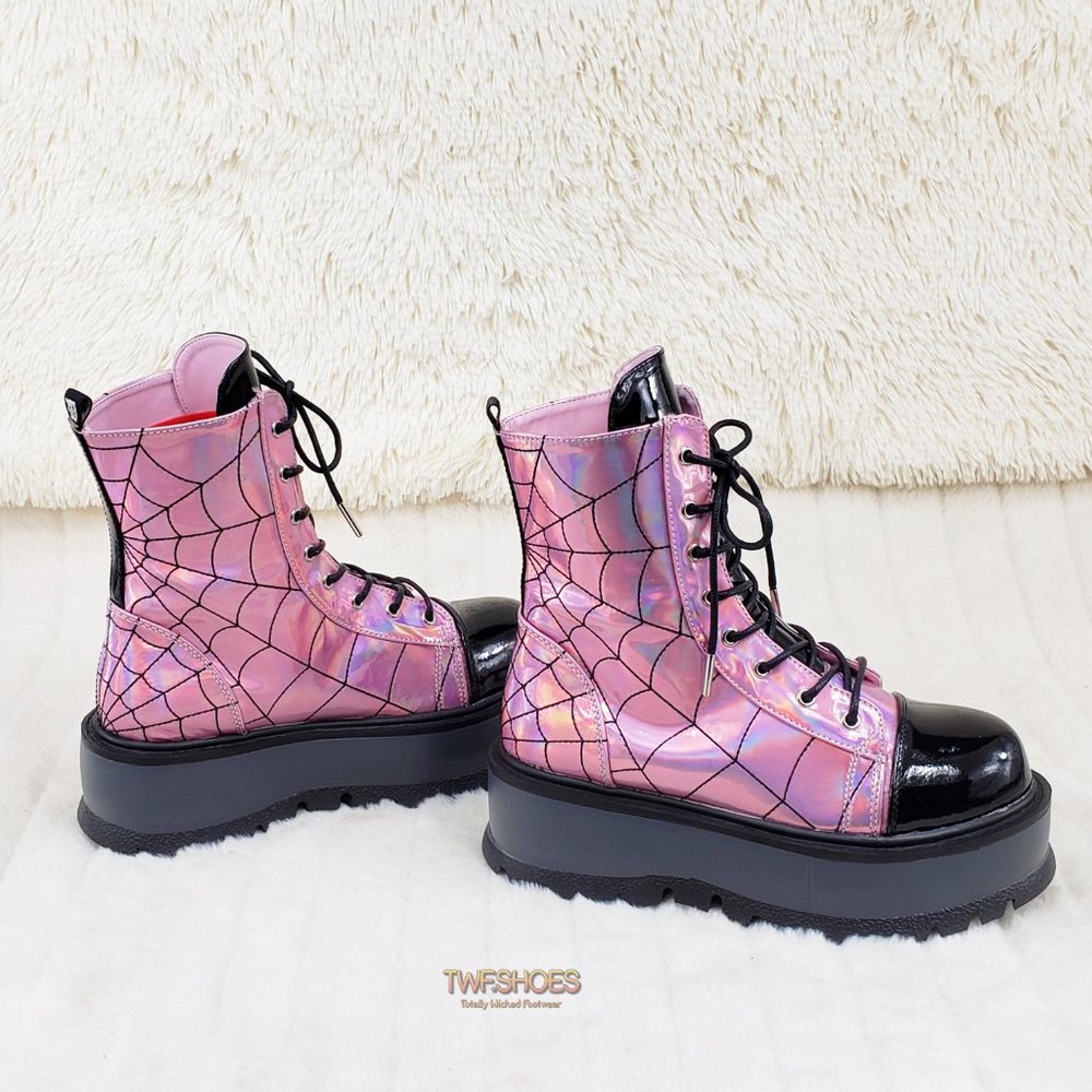 Pink Hologram Platform Spider Web Ankle Boots Punk Rave Festival Slacker - Picture 7 of 12